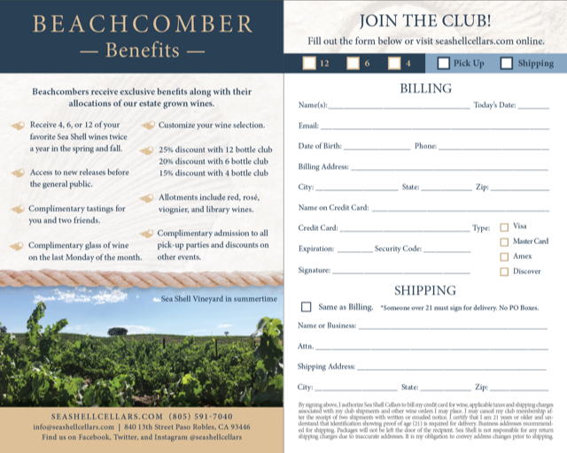 Description of the benefits of joining Sea Shell Cellars Wine Club - The Beachcomber Club